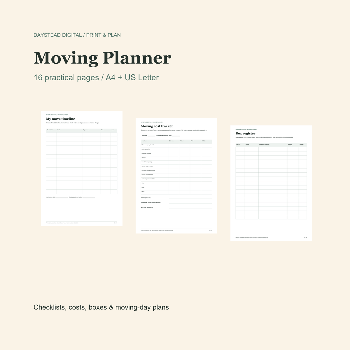 Moving Planner – 16 Practical Pages | DaysteadDigital