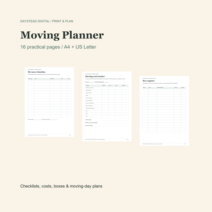 Moving Planner – 16 Practical Pages | DaysteadDigital